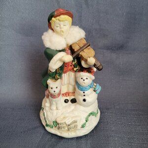 Vintage Christmas Figurine With Violinist Snowman & Dog On Snow